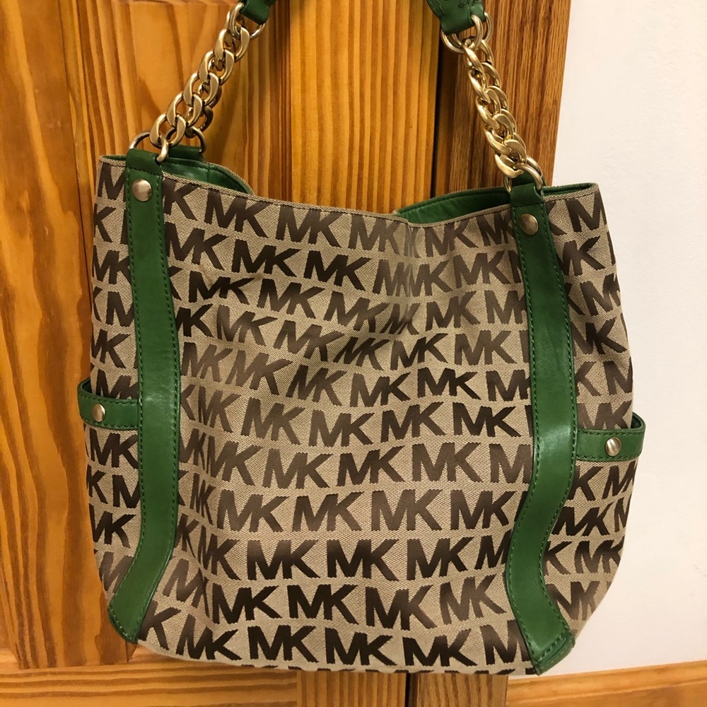 Michael Kors green and tan purse